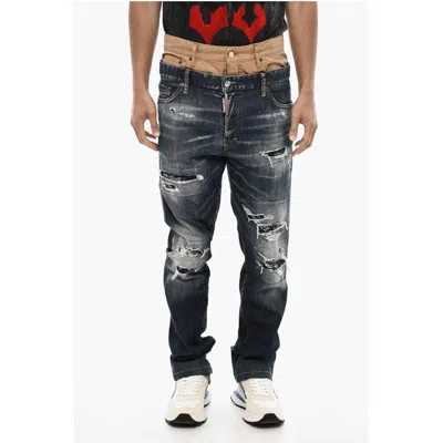 Dsquared2 Double Fabric Distressed Jeans In Blue