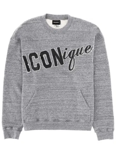 Dsquared2 Iconique Hoodie Ribbed Cuffs Hem Kangaroo Pocket In Gray