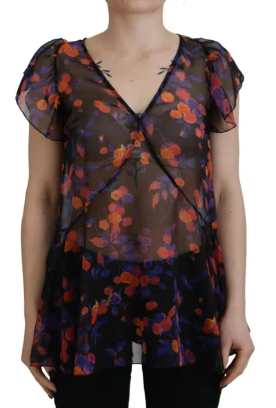 Pre-owned Dsquared2 Dsquared² Floral Print Short Sleeves V-neck Blouse Women's Top () In Black