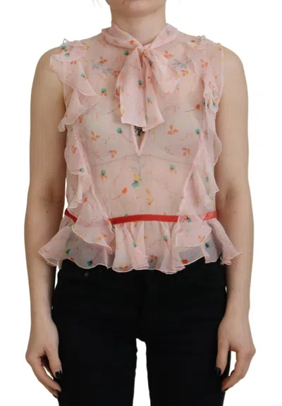 Pre-owned Dsquared2 Dsquared² Floral Print Silk Sleeveless Ascot Collar Women's Top () In Pink