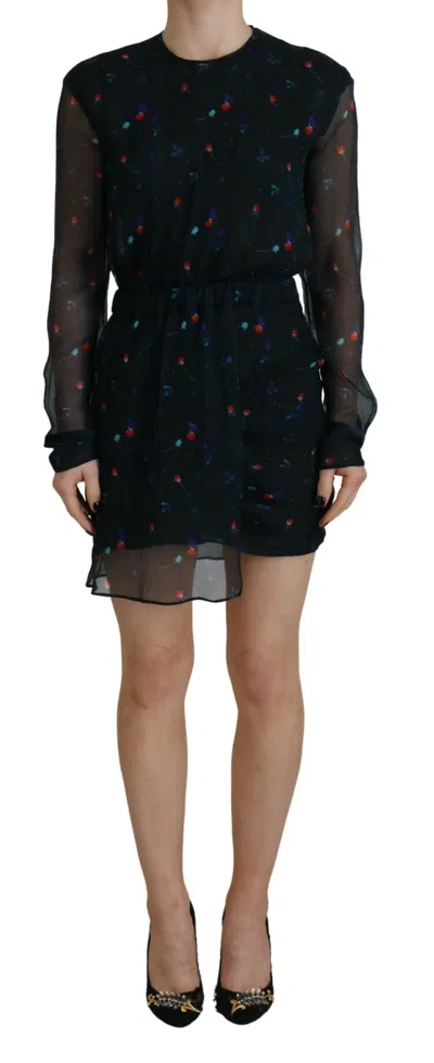 Pre-owned Dsquared2 Dsquared² Floral Silk Long Sleeves Sheath Mini Women's Dress () In Black