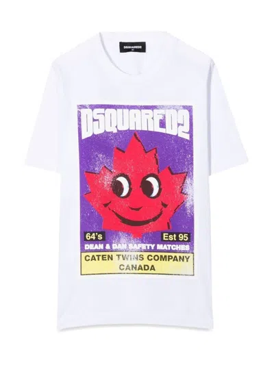 Dsquared2 Dsquared Logo And Leaf Print T-shirt For Teens In White