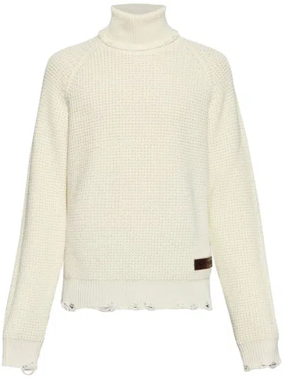 Dsquared2 Turtleneck Distressed Jumper In 0ff-white
