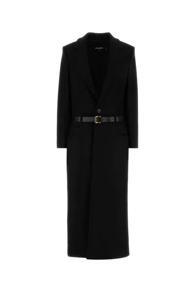 Dsquared2 Stretch Wool Blend Tailored Coat Belted In Black