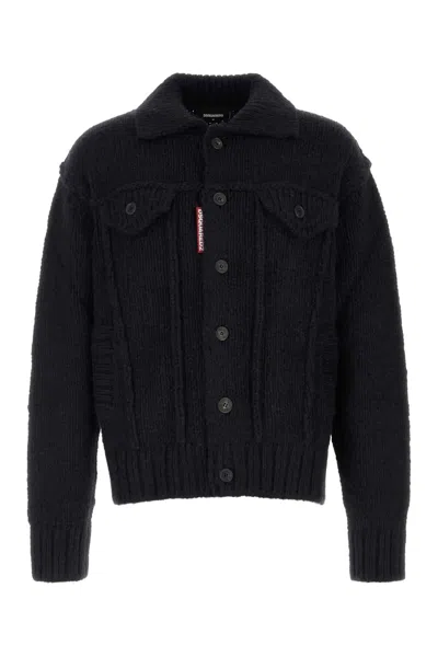 Dsquared2 Dsquared Melange Knit Cardigan For Men In A Dark-hued Wool-blend In Black