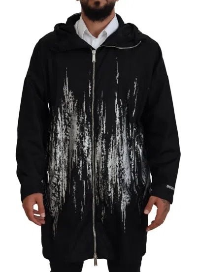 Pre-owned Dsquared2 Dsquared² Print Long Hooded Coat Nylon Men's Jacket () In Black