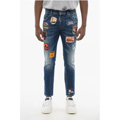 Dsquared2 Skater Fit Delavè Denims With Embroidered Patches 15cm In Blue