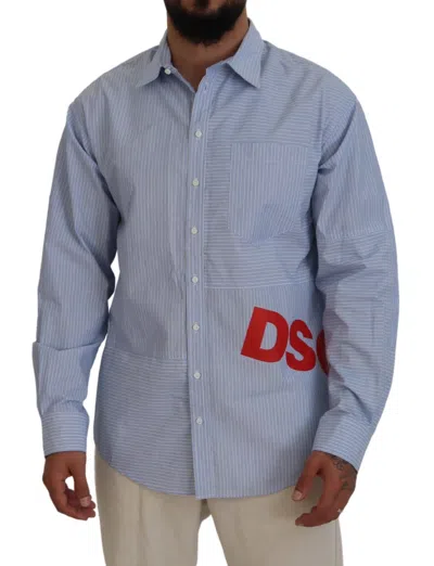 Pre-owned Dsquared2 Dsquared² Stripes Logo Print Long Sleeves Formal Men's Shirt () In Blue