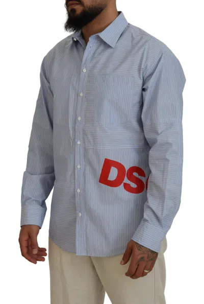 Pre-owned Dsquared2 Dsquared² Stripes Logo Print Long Sleeves Formal Men's Shirt () In Blue