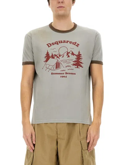 Dsquared2 Vintage Print Relaxed-fit T-shirt With Contrasting Trim In Gray