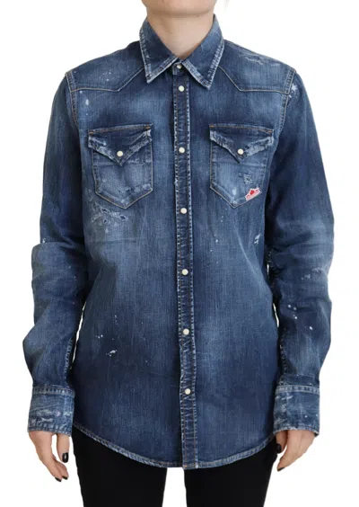 Pre-owned Dsquared2 Dsquared² Washed Cotton Button Down Collared Women's Shirt () In Blue