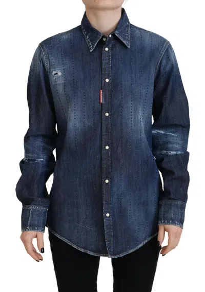 Pre-owned Dsquared2 Dsquared² Washed Cotton Button Down Collared Women's Top () In Blue