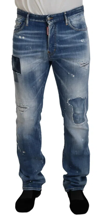Pre-owned Dsquared2 Dsquared² Washed Tattered Straight Fit Casual Men's Jeans () In Blue
