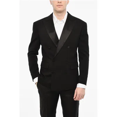 Dsquared2 Wool Blend Double Breasted Blazer With Satin Peak Lapel