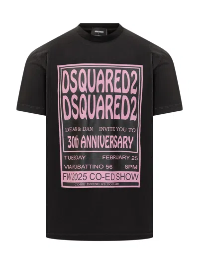 DSQUARED2 DSQUARED2 DSQUARED2 BLACK T-SHIRT WITH 30TH ANNIVERSARY PINK PRINT