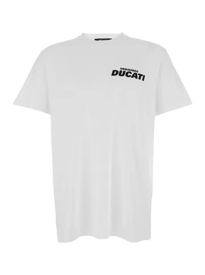Dsquared2 Ducati X D2 Logo Crewneck Cotton T-shirt For Men In White