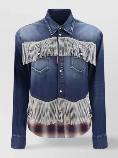Dsquared2 Embellished Cotton Denim Shirt With Plaid Panel In Blue