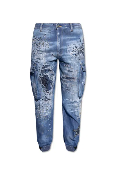 Dsquared2 Embellished Distressed Cargo Jeans In Blue