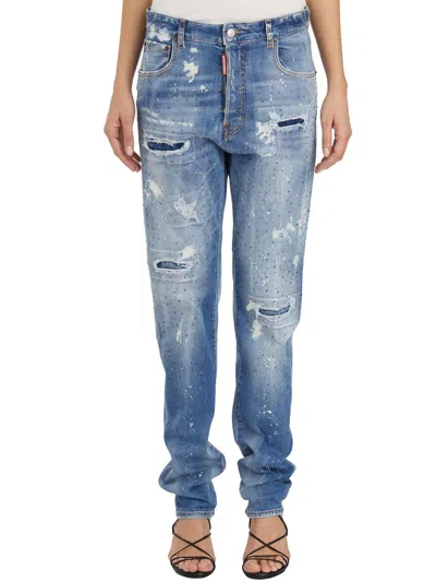 Dsquared2 Embellished Distressed High-waist Jeans In Navy Blue