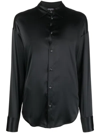 Dsquared2 Stretch Satin Shirt W/crystal Logo In Black