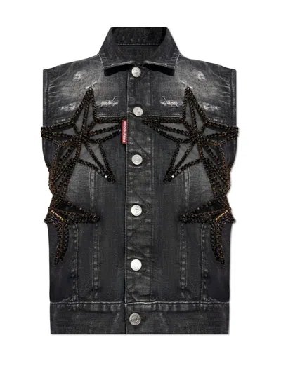 Dsquared2 Crystal-embellished Denim Waistcoat In Grey