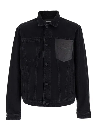 Dsquared2 Embossed Logo Denim Jacket With Classic Collar In Black