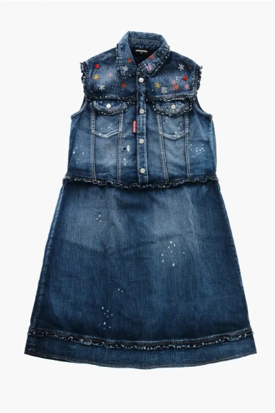 Dsquared2 Embroidered Denim Sleeveless Shirt Dress In Blue