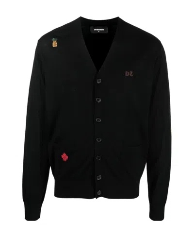 Dsquared2 Embroidered-logo V-neck Cardigan In Black