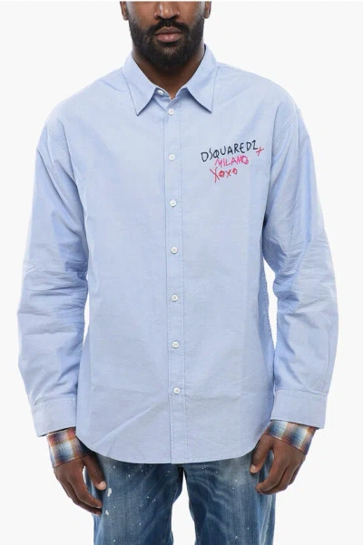 Dsquared2 Embroidered Oxford Shirt With Layered Sleeves In Blue