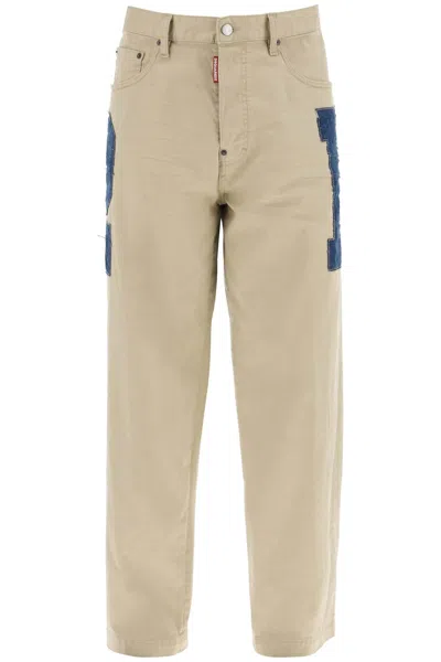 Dsquared2 Eros Denim Trousers With Maxi Patch Design. In Beige
