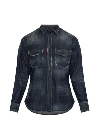 Dsquared2 Faded Leather-patch Denim Shirt In Blue