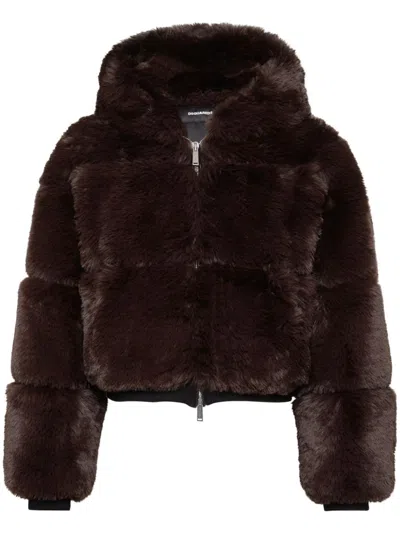 Dsquared2 Faux-fur Cropped Hooded Jacket In Brown