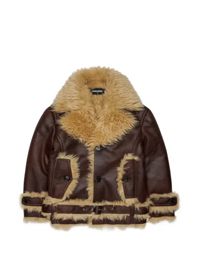 Dsquared2 Kids' 페이크 시어링 트리밍 벨트 봄버 재킷 In Brown