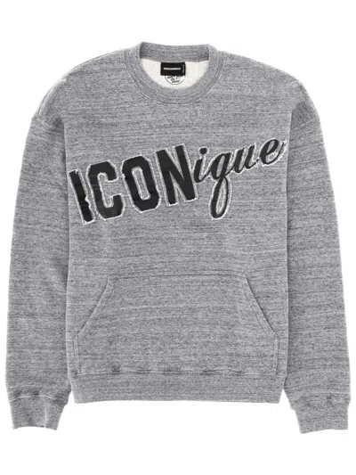 Dsquared2 Iconique Hoodie Ribbed Cuffs Hem Kangaroo Pocket In Gray