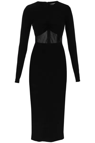 DSQUARED2 FITTED BLACK MIDI DRESS WITH FRONT CUT-OUT AND GATHERED DETAIL