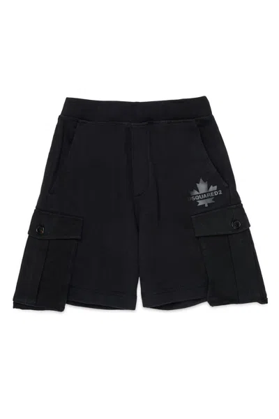 Dsquared2 Kids' Fleece Cargo Shorts With Maple Leaf In Black