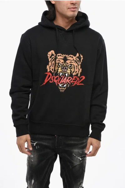DSQUARED2 FLEECED COTTON ANGRY BEAR HOODIE