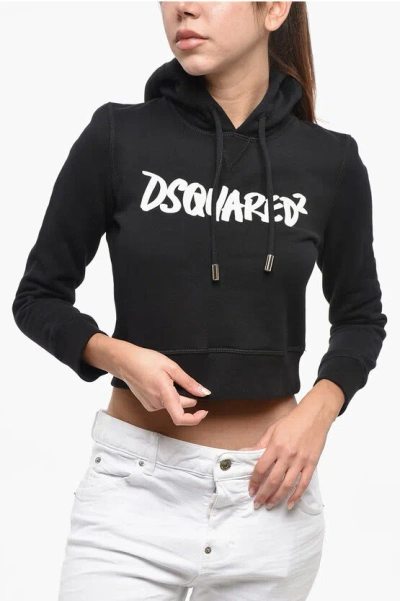 Dsquared2 Fleeced Cotton Cropped Hoodie With Contrasting Logo In Black