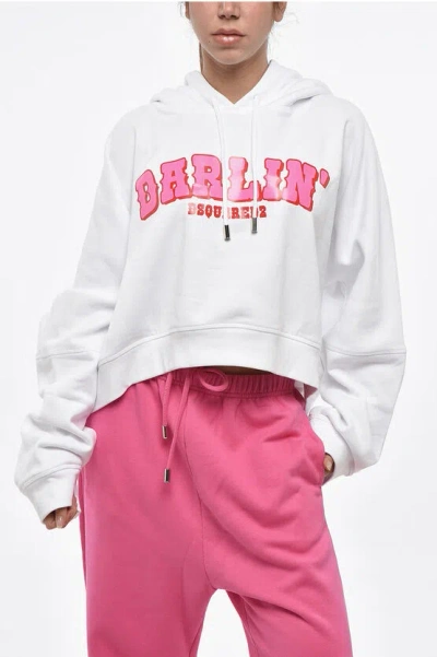 Dsquared2 Fleeced Cotton Cropped Onion Hoodie In White