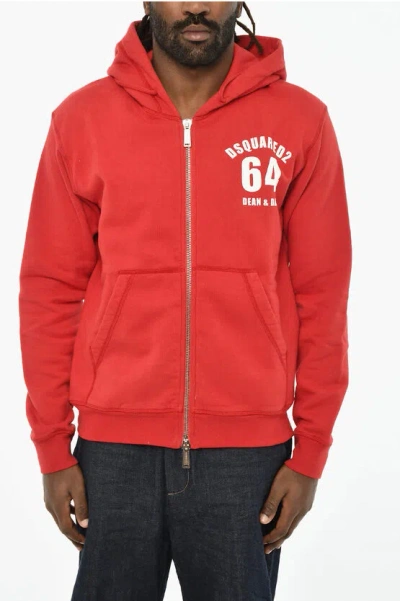 Dsquared2 Fleeced-cotton Hoodie With Zip Closure In Red