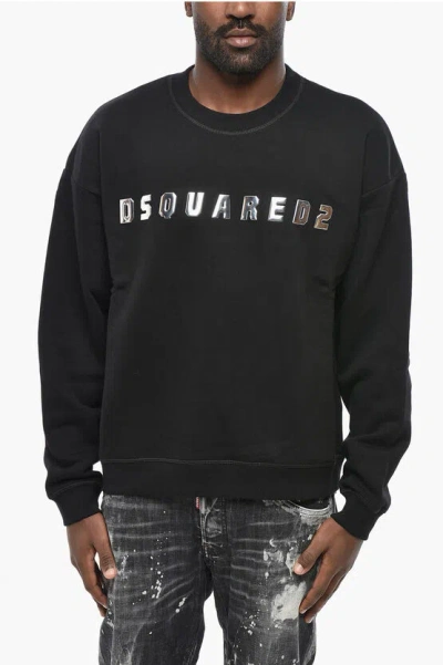 Dsquared2 Fleeced Cotton Relax Fit Crew-neck Sweatshirt With Embossed In Black