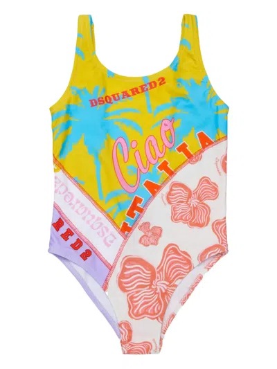Dsquared2 Kids' Floral Palm-tree-print Swimsuit In Yellow