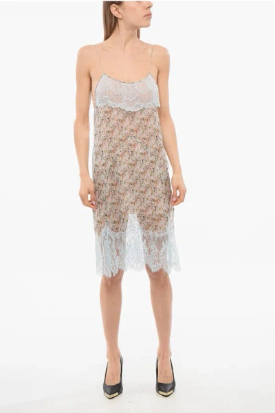 Dsquared2 Floral Patterned Silk Chiffon Slip Dress With Lace Details In Gray