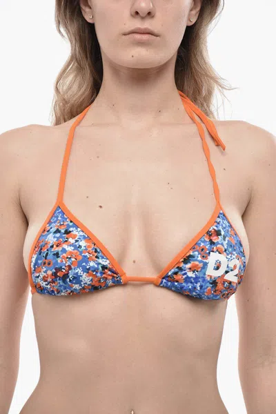 Dsquared2 Floral-print Triangle Bikini Top In Orange / Blue