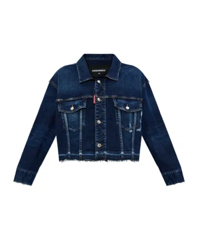 Dsquared2 Frayed Cropped Denim Jacket In Blue