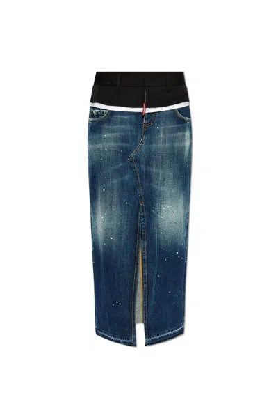 DSQUARED2 FRAYED EDGE LONG DENIM SKIRT