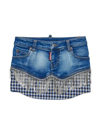 Dsquared2 Kids' Fringed Denim Skirt In Blue
