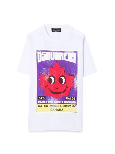 Dsquared2 Kids' Front Logo And Leaf Print T-shirt In White