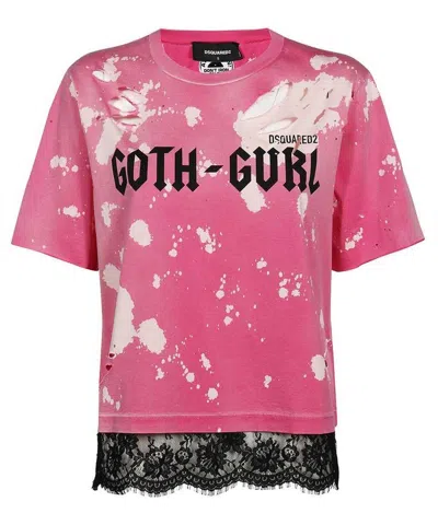 DSQUARED2 FUCHSIA WORN EFFECT LOGO PRINT T-SHIRT WITH LACED HEM