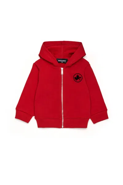 Dsquared2 Full-zip Hooded Sweatshirt With Logo Carpet Stitch In Red